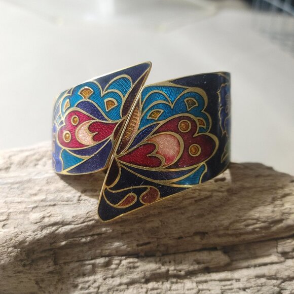 Vintage Hinged Cloisonné Butterfly Bracelet Gold Tone Enamel Bold Design Jewelry - Picture 10 of 10